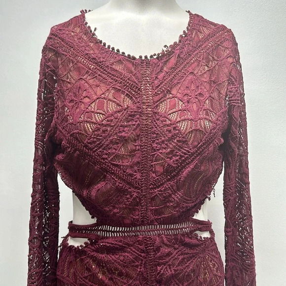 For Love And Lemons Emerie Cut Out Dress Mini Lace Long Sleeve Merlot Red Medium - Picture 3 of 12